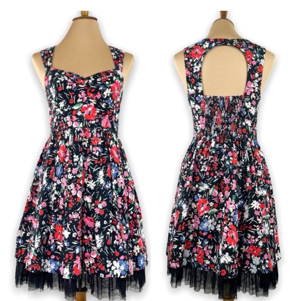 Free People Black Floral Midi Dress with Red & Pink Blooms size 4
